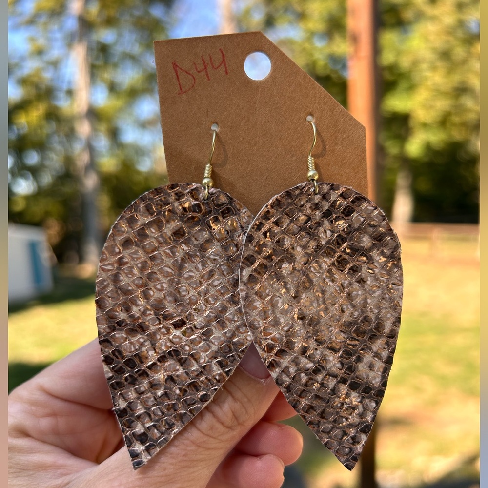 Brown tan and rose gold  Textured genuine Leather Teardrop Earrings